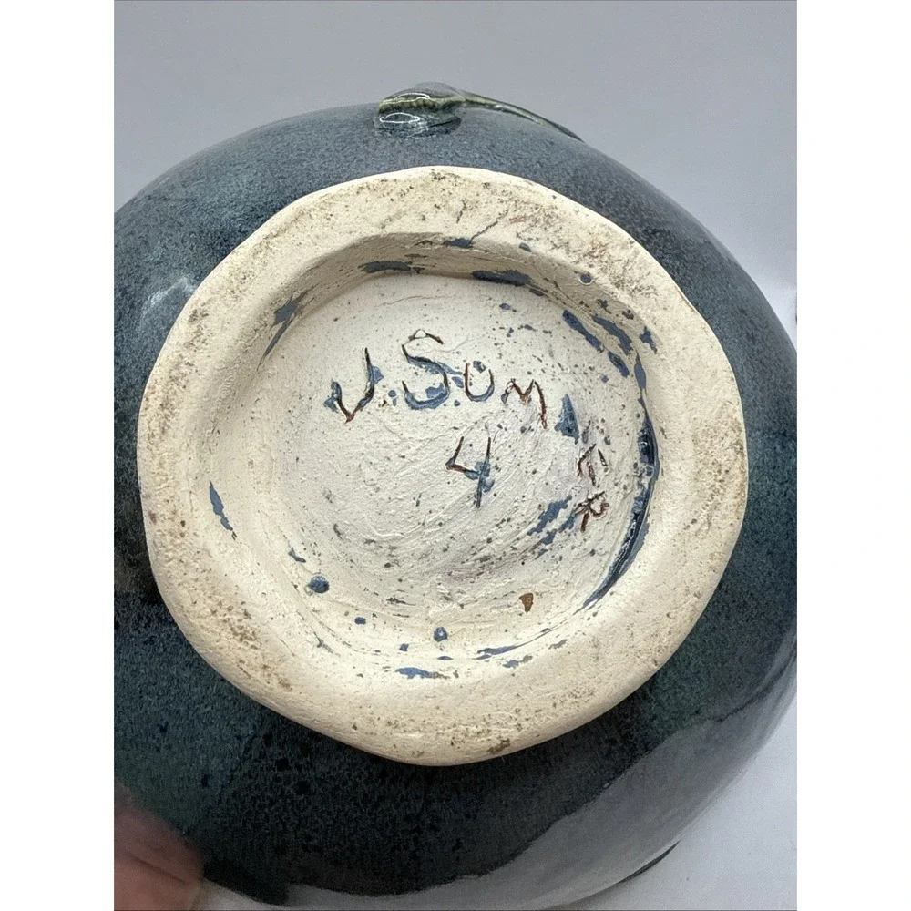 Hand Made Pottery Bowl, JS Signed Blue Green Color Textured Abstract 10